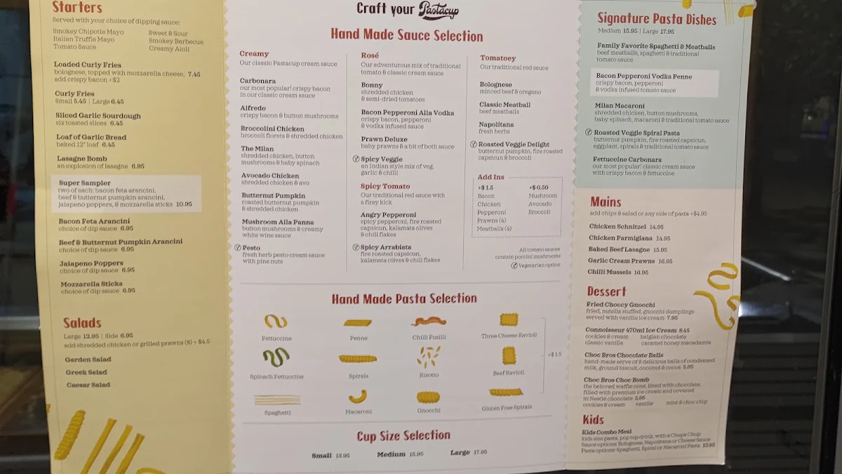 Menu, Pastacup Baldivis