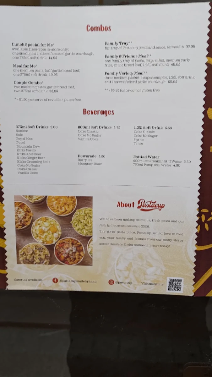 Menu, Pastacup Baldivis