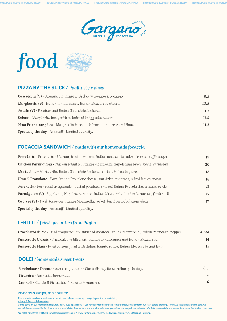 Menu, Gargano Pizzeria Focacceria