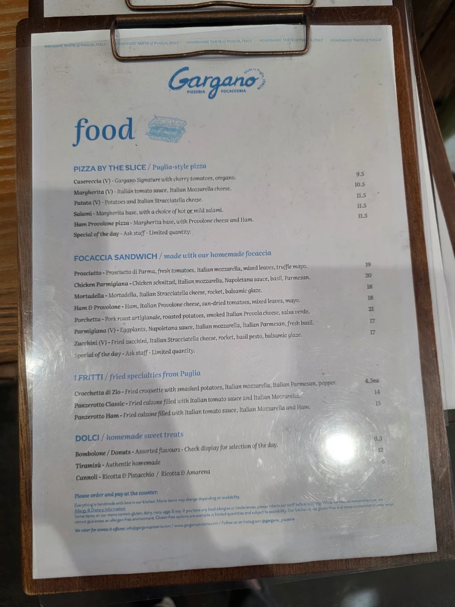 Menu, Gargano Pizzeria Focacceria