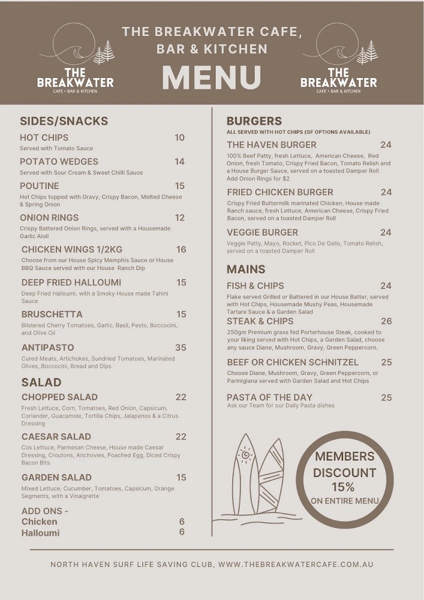 Menu, The BreakWater Cafe, Bar & Kitchen