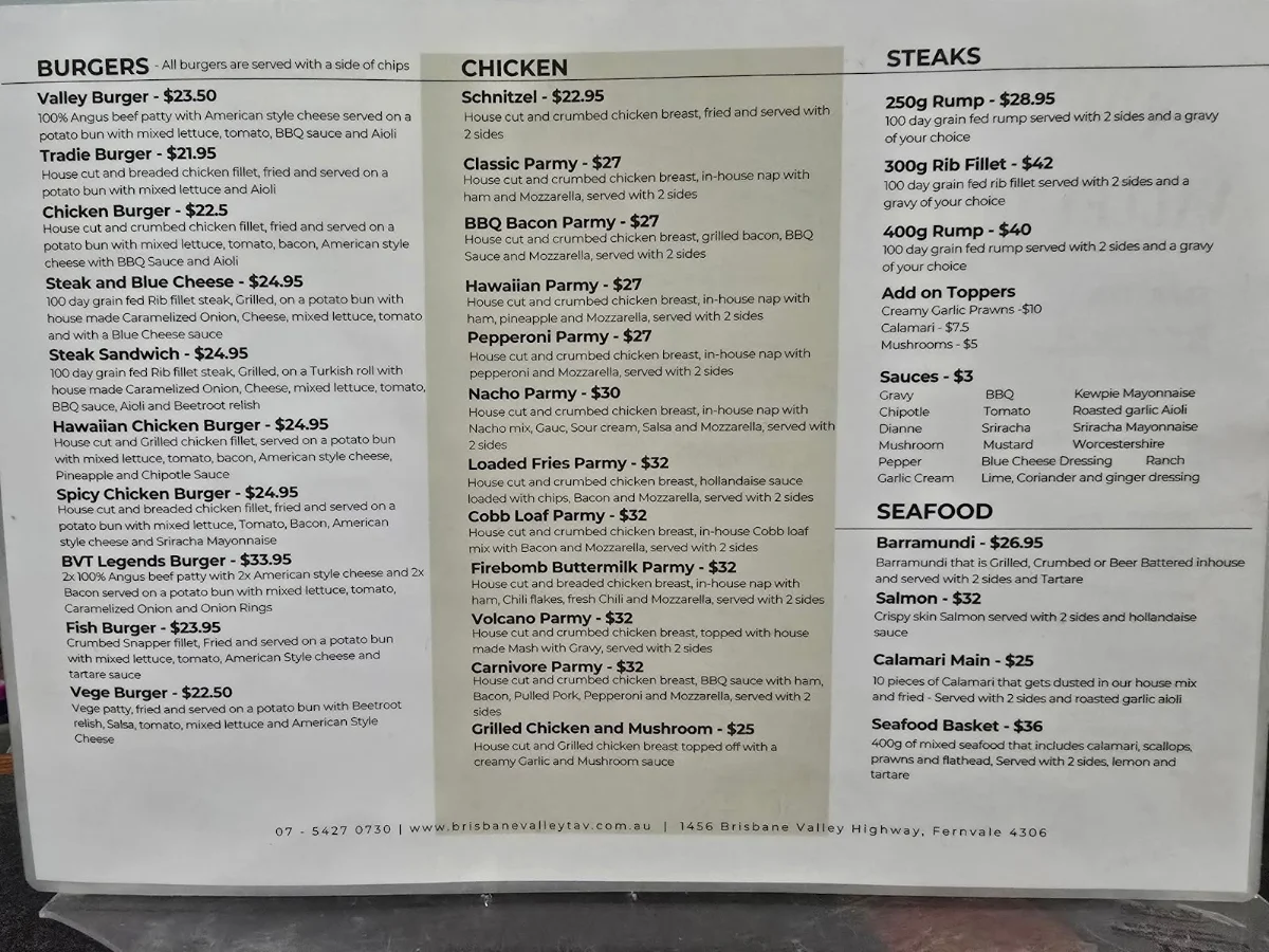 Menu, Brisbane Valley Tavern (Aust)