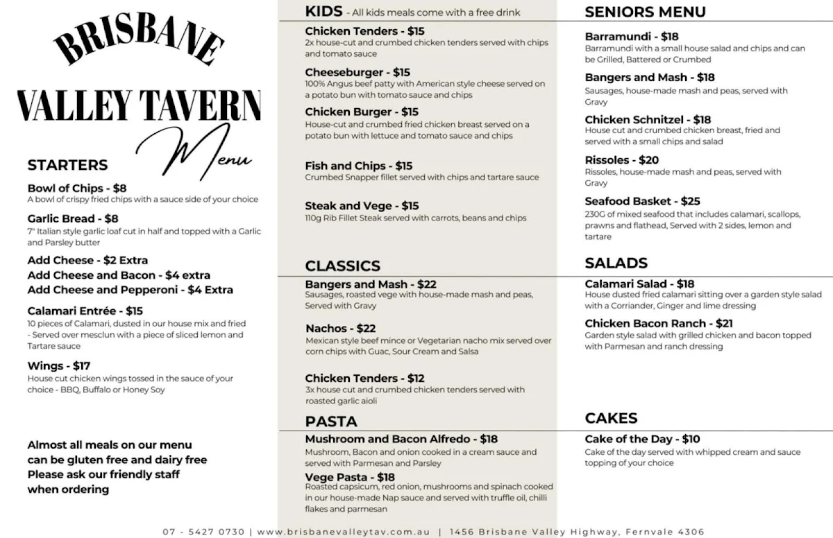 Menu, Brisbane Valley Tavern (Aust)