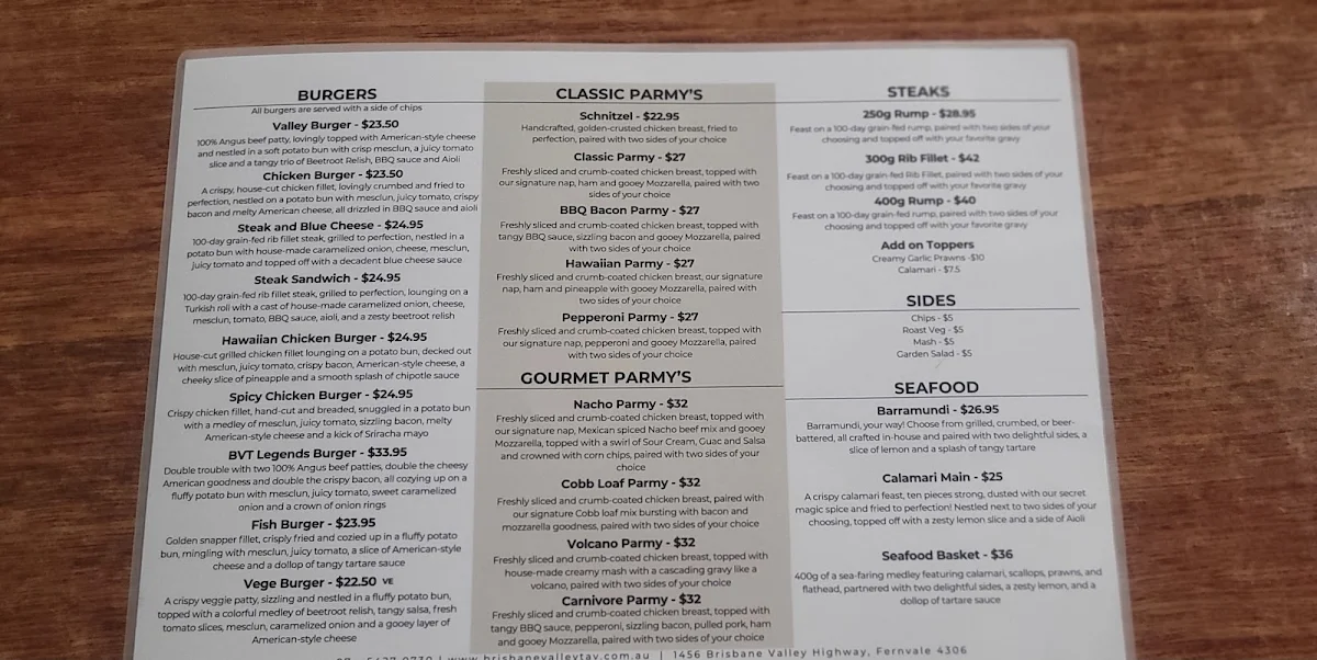 Menu, Brisbane Valley Tavern (Aust)