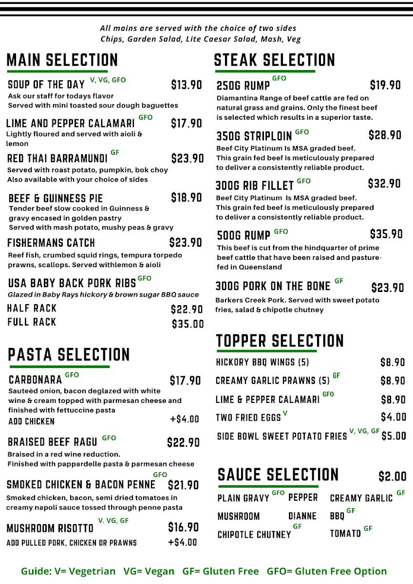 Menu, Brisbane Valley Tavern (Aust)