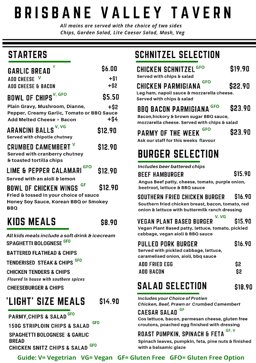 Menu, Brisbane Valley Tavern (Aust)