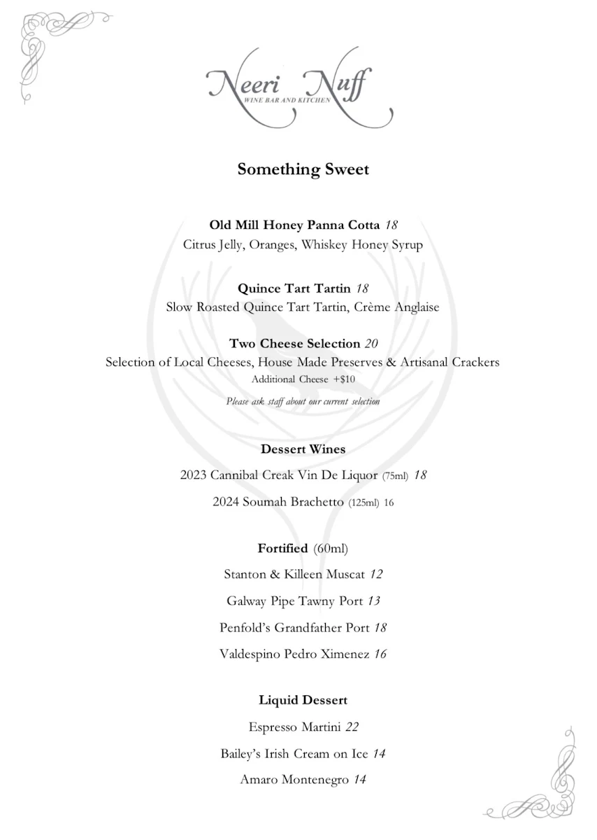 Menu, Neeri Nuff Wine Bar & Kitchen