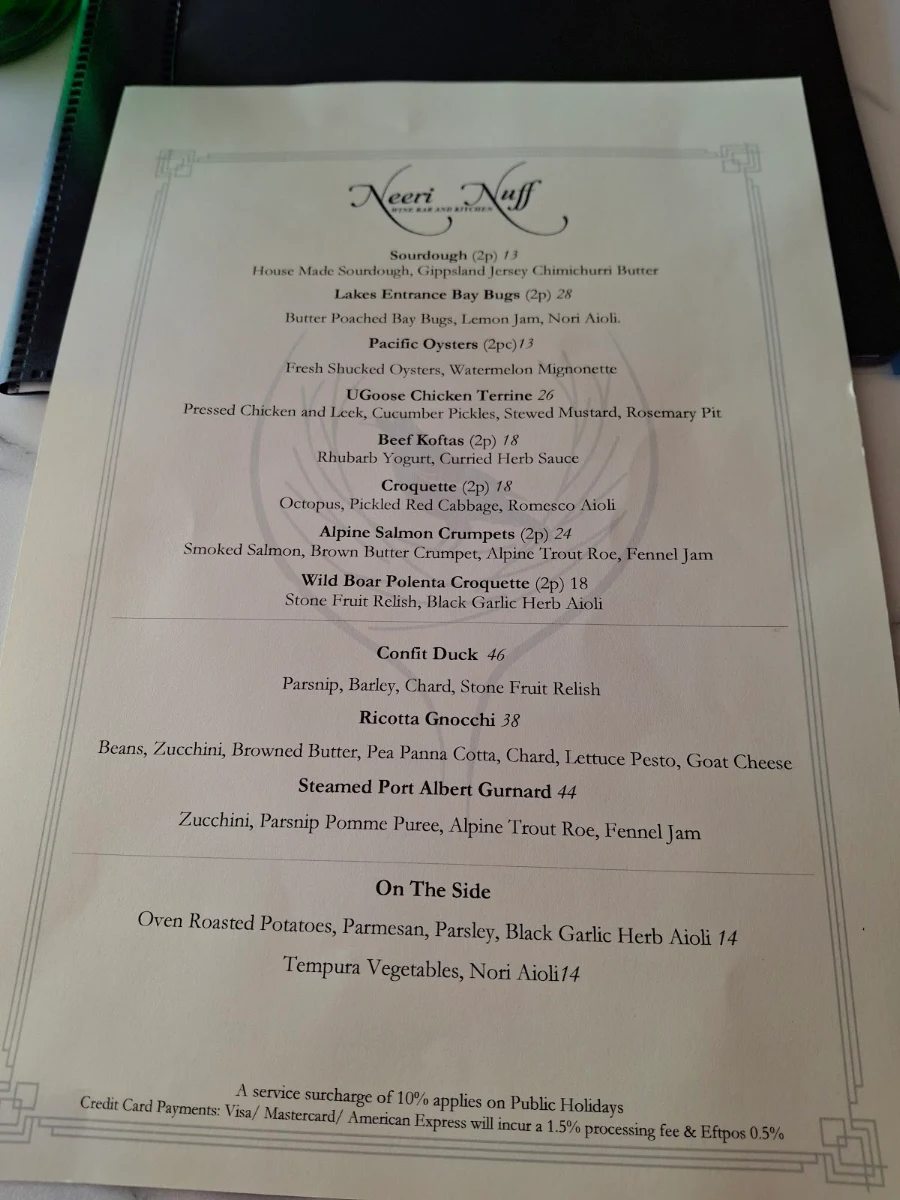 Menu, Neeri Nuff Wine Bar & Kitchen