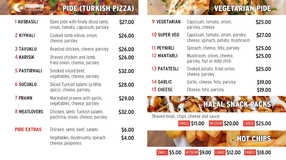 Menu, Charnwood Turkish Pide