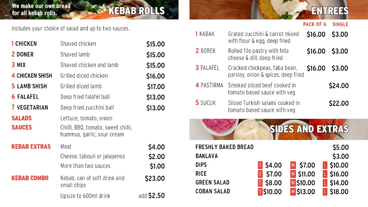 Menu, Charnwood Turkish Pide