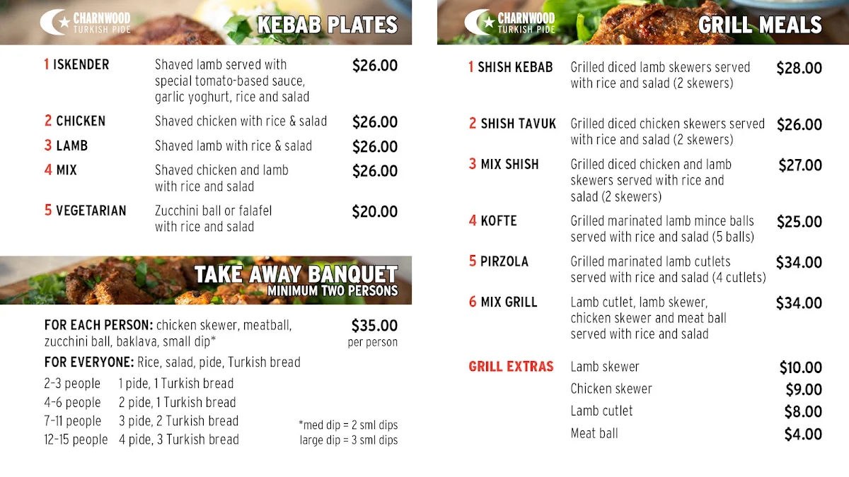 Menu, Charnwood Turkish Pide