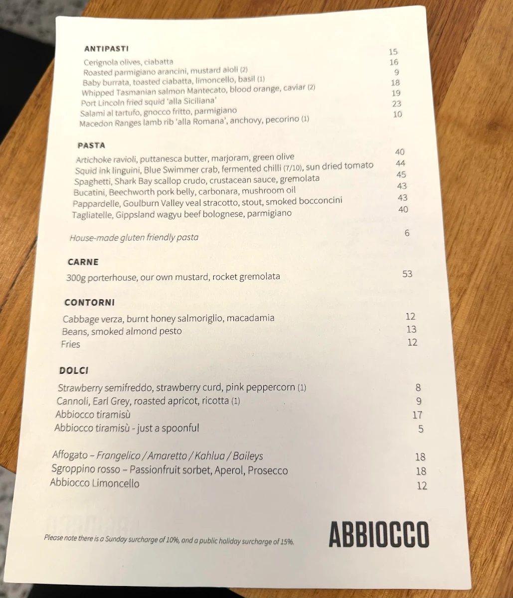 Menu, Abbiocco Pasta & Wine