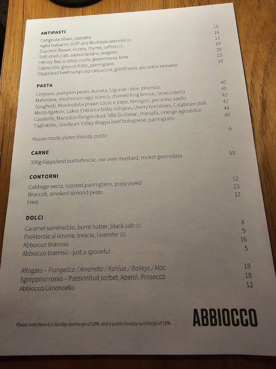 Menu, Abbiocco Pasta & Wine