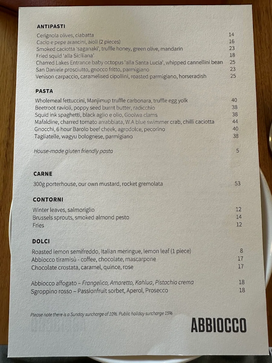 Menu, Abbiocco Pasta & Wine