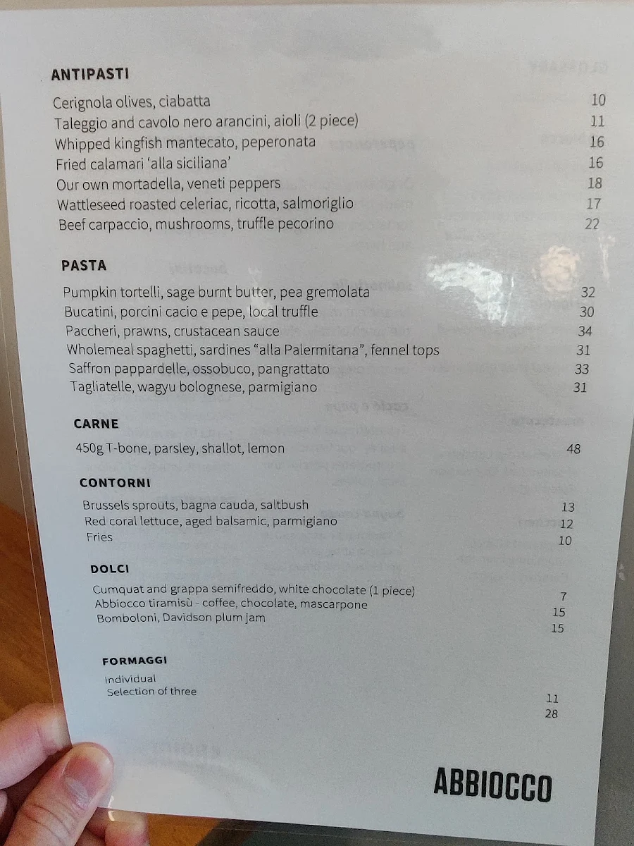 Menu, Abbiocco Pasta & Wine