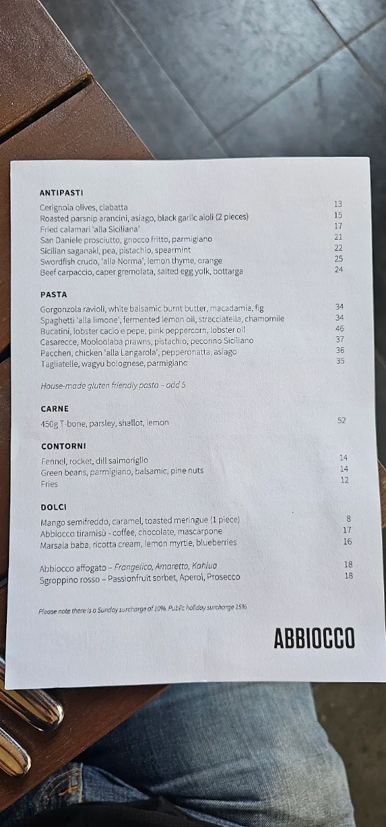 Menu, Abbiocco Pasta & Wine