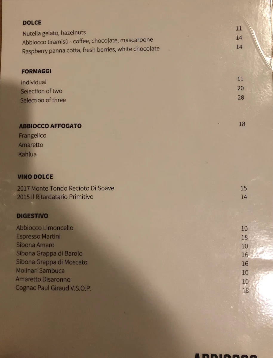 Menu, Abbiocco Pasta & Wine