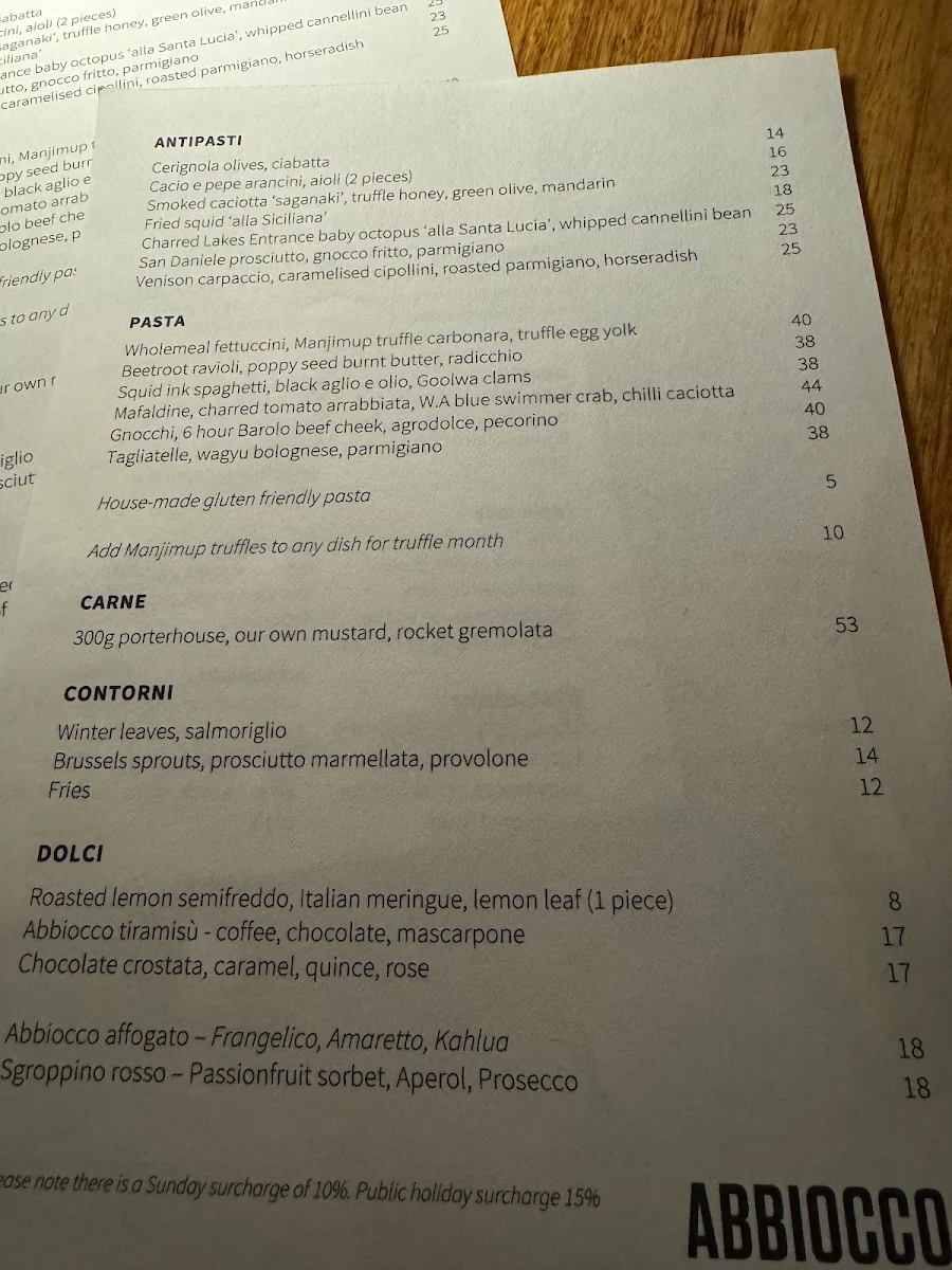 Menu, Abbiocco Pasta & Wine