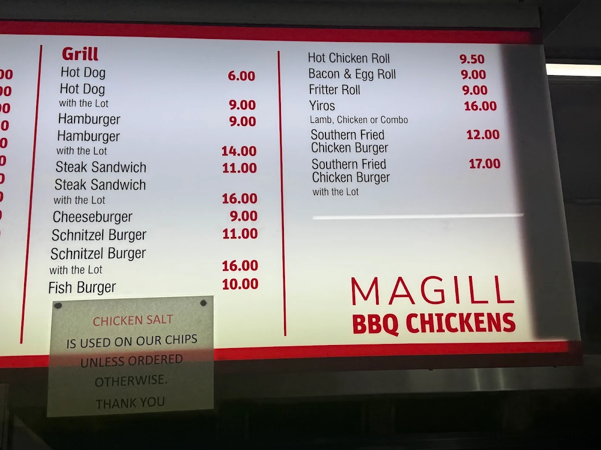 Menu, Magill BBQ Chickens