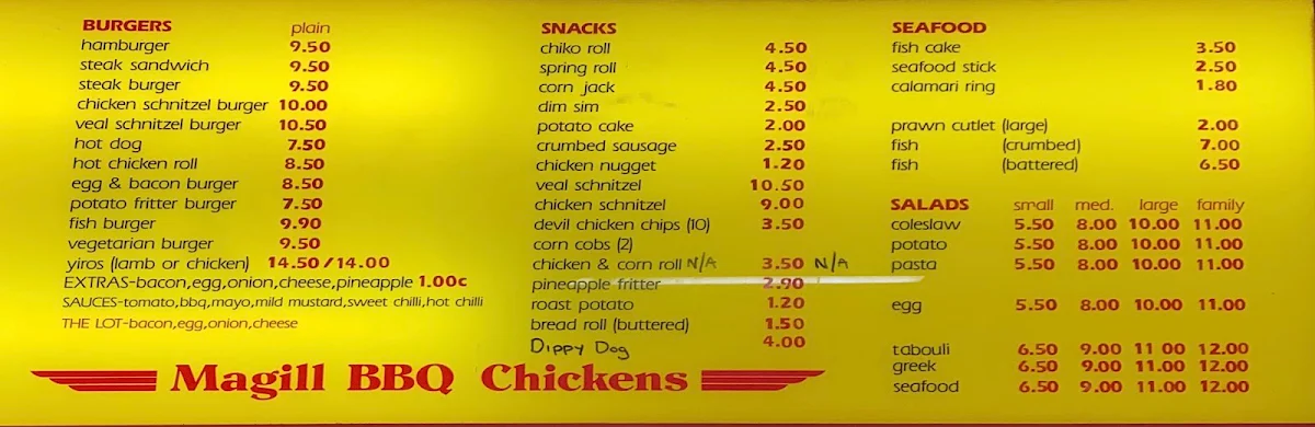 Menu, Magill BBQ Chickens