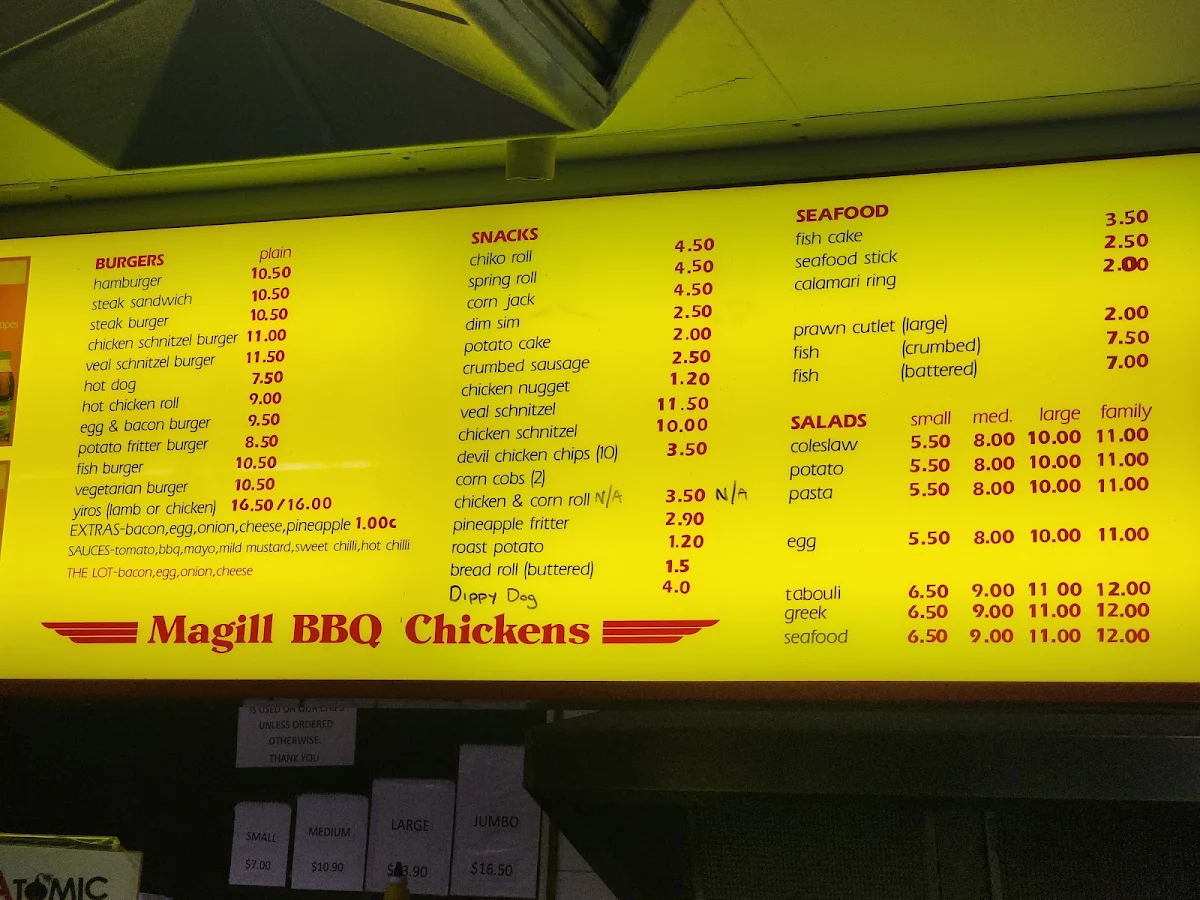 Menu, Magill BBQ Chickens