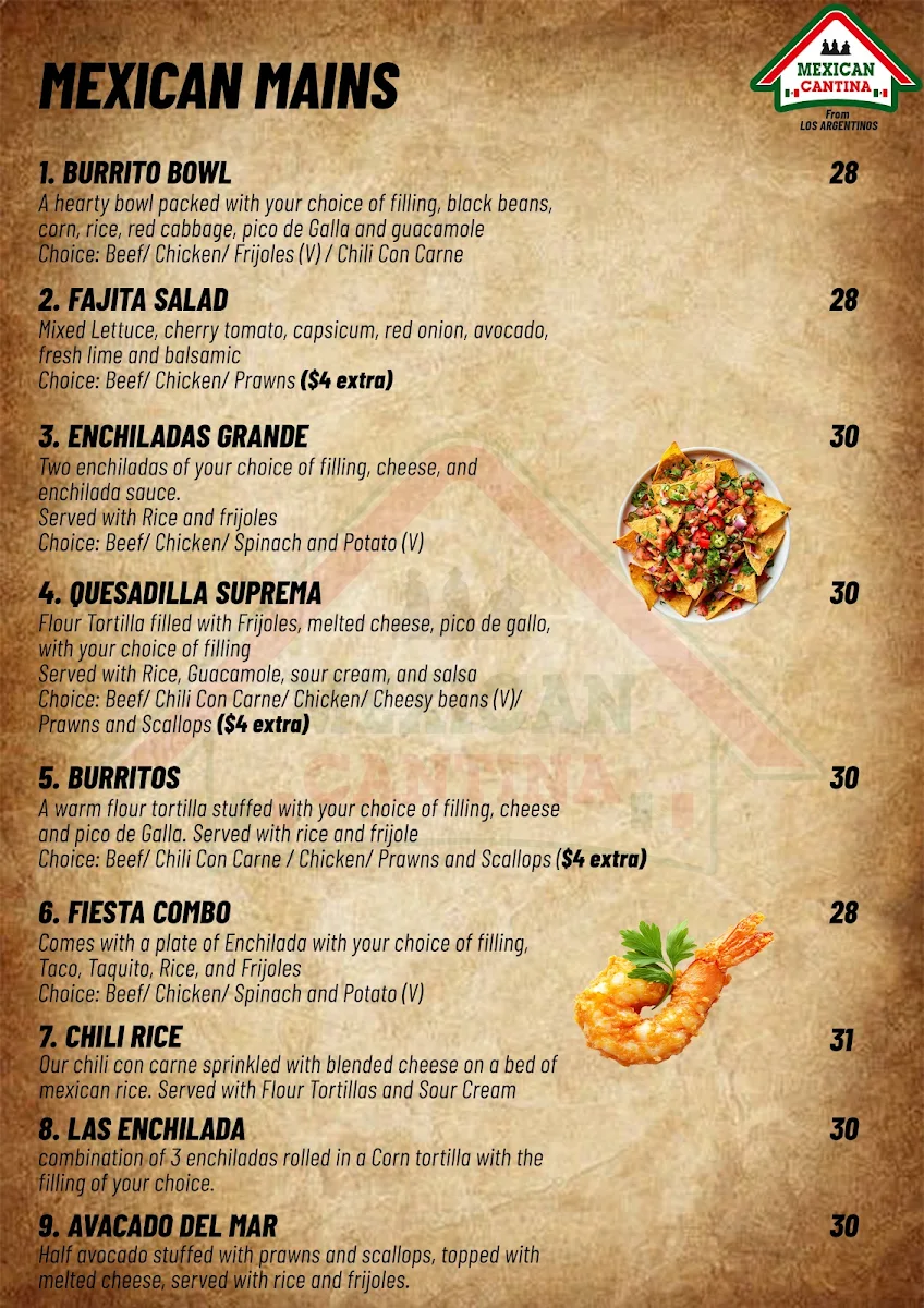 Menu, Mexican Cantina From Los Argentinos