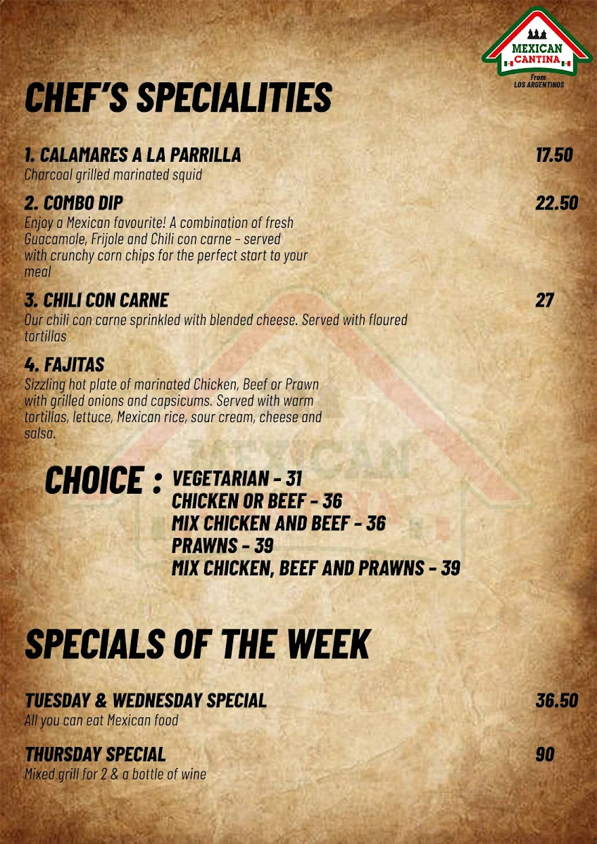 Menu, Mexican Cantina From Los Argentinos