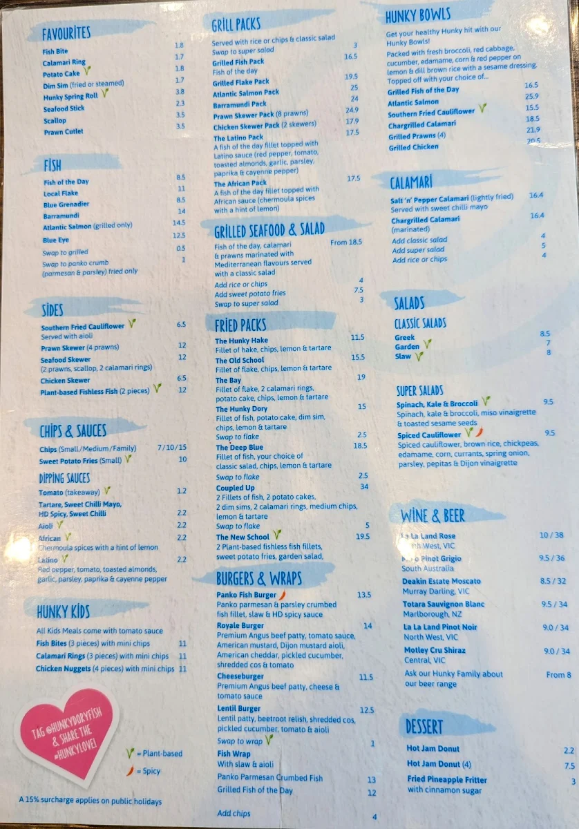 Menu, Hunky Dory Fish & Chips Watergardens
