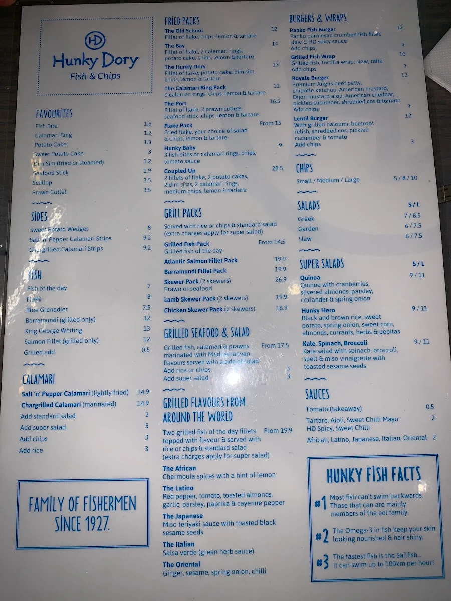 Menu, Hunky Dory Fish & Chips Watergardens