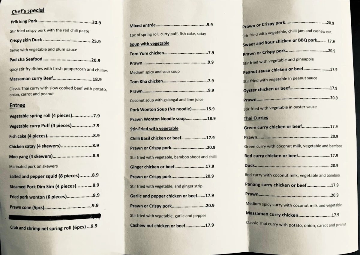 Menu, Backyard Thai Cuisine