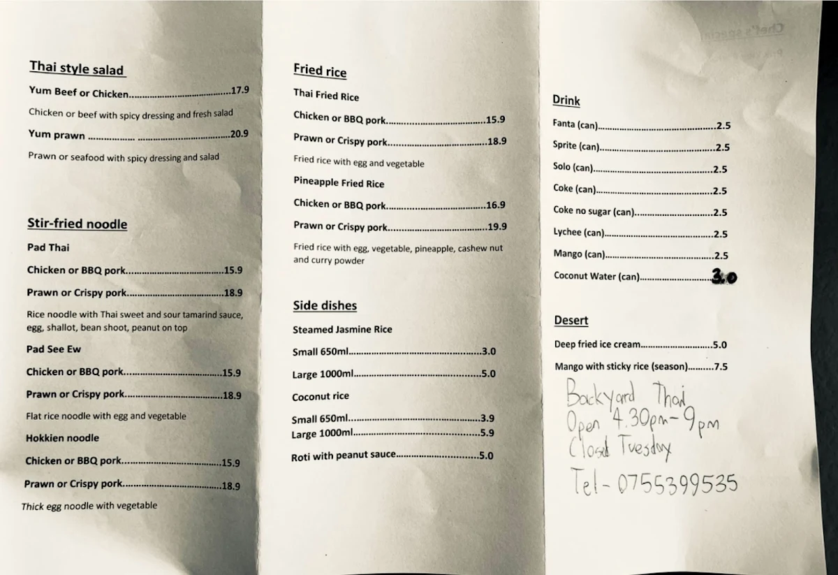 Menu, Backyard Thai Cuisine