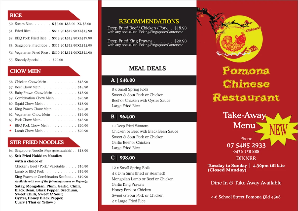 Menu, Pomona Chinese Restaurant