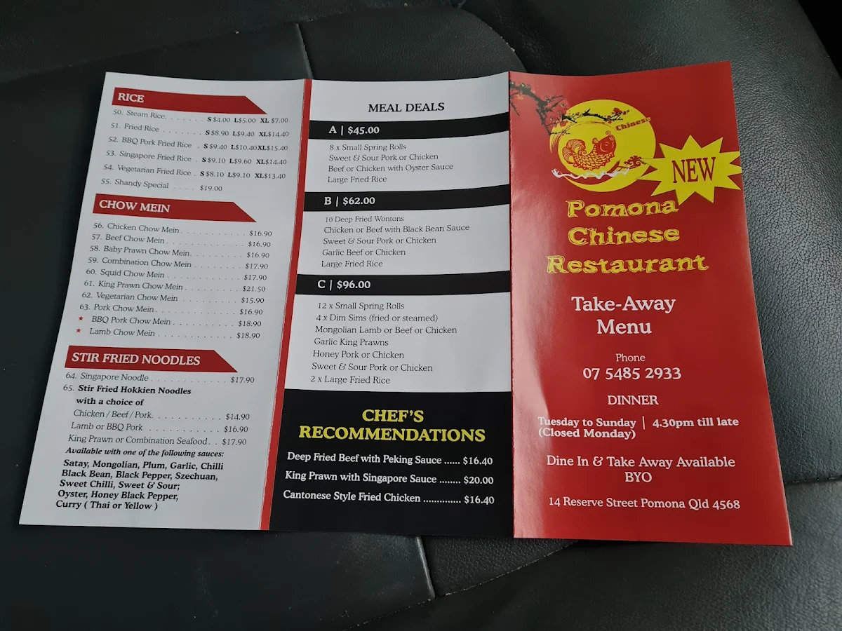 Menu, Pomona Chinese Restaurant