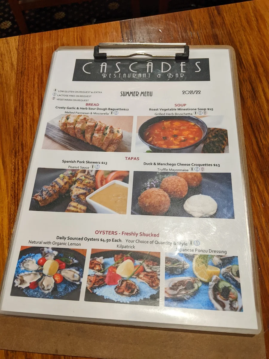 Menu, Cascades Restaurant