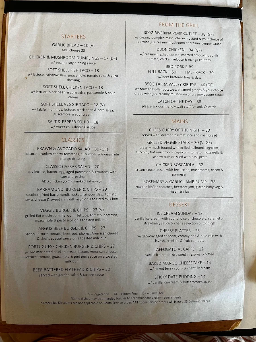 Menu, Mantra on Sydney Airport Restaurant