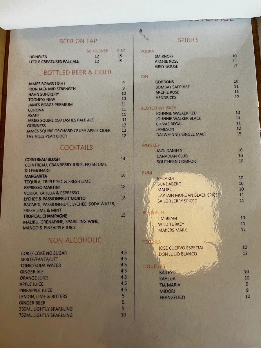 Menu, Mantra on Sydney Airport Restaurant