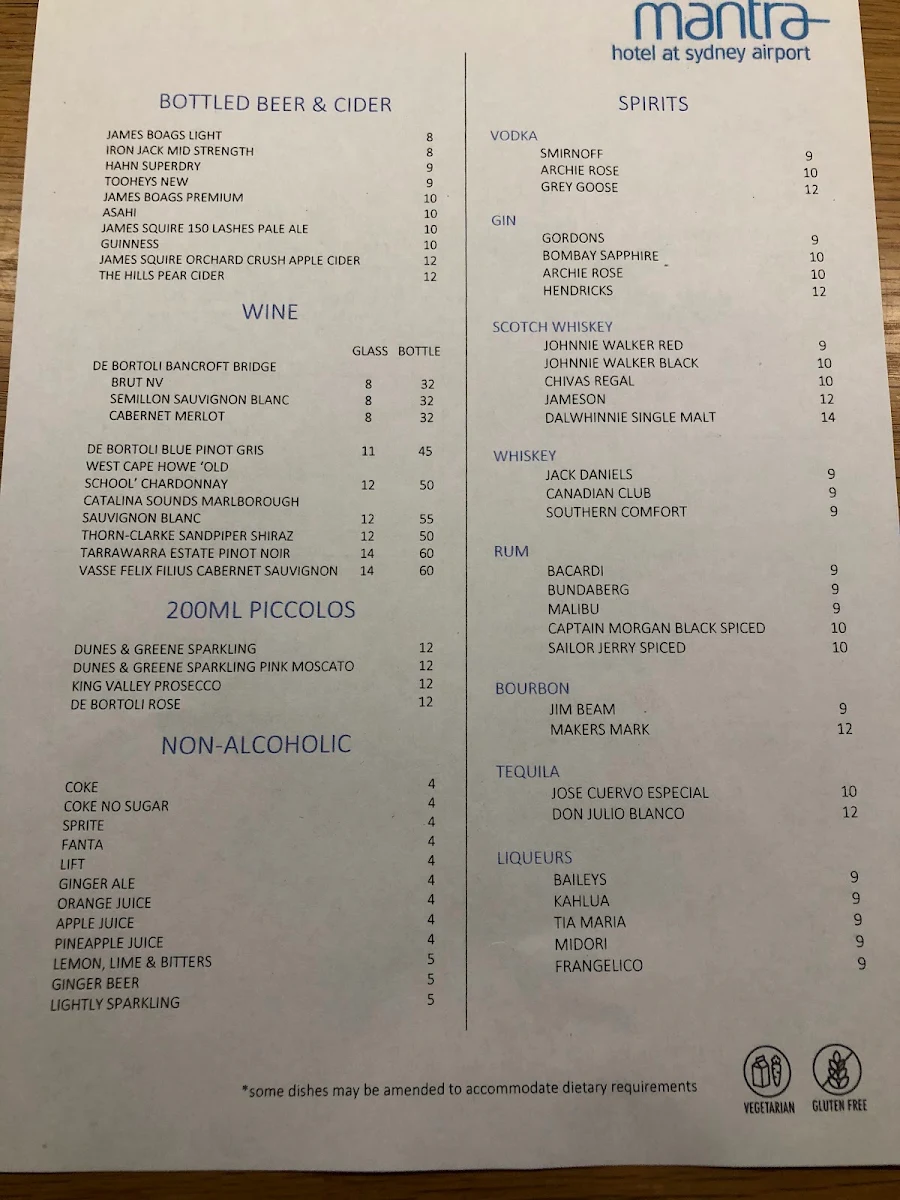 Menu, Mantra on Sydney Airport Restaurant