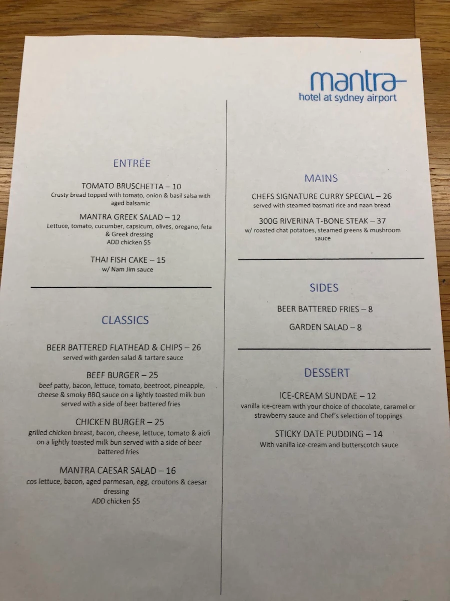 Menu, Mantra on Sydney Airport Restaurant