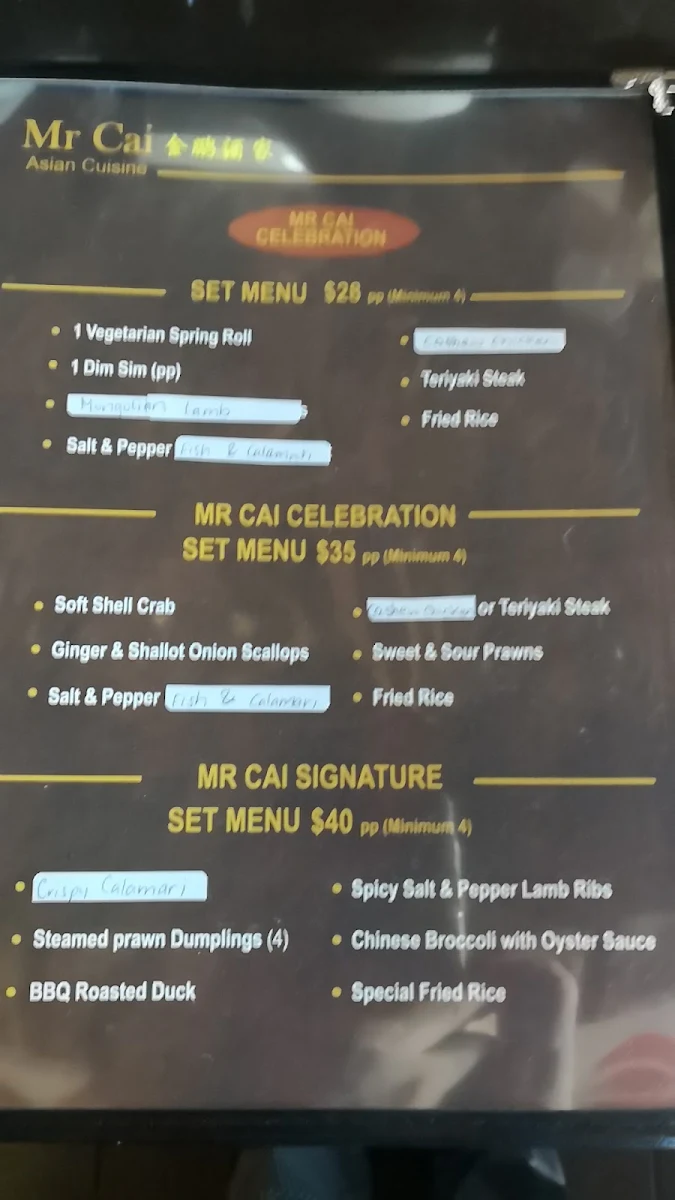Menu, Mr Cai Asian Cuisine