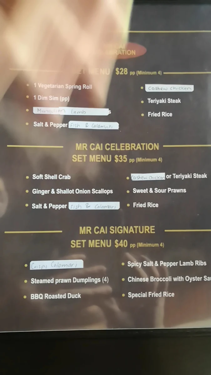 Menu, Mr Cai Asian Cuisine