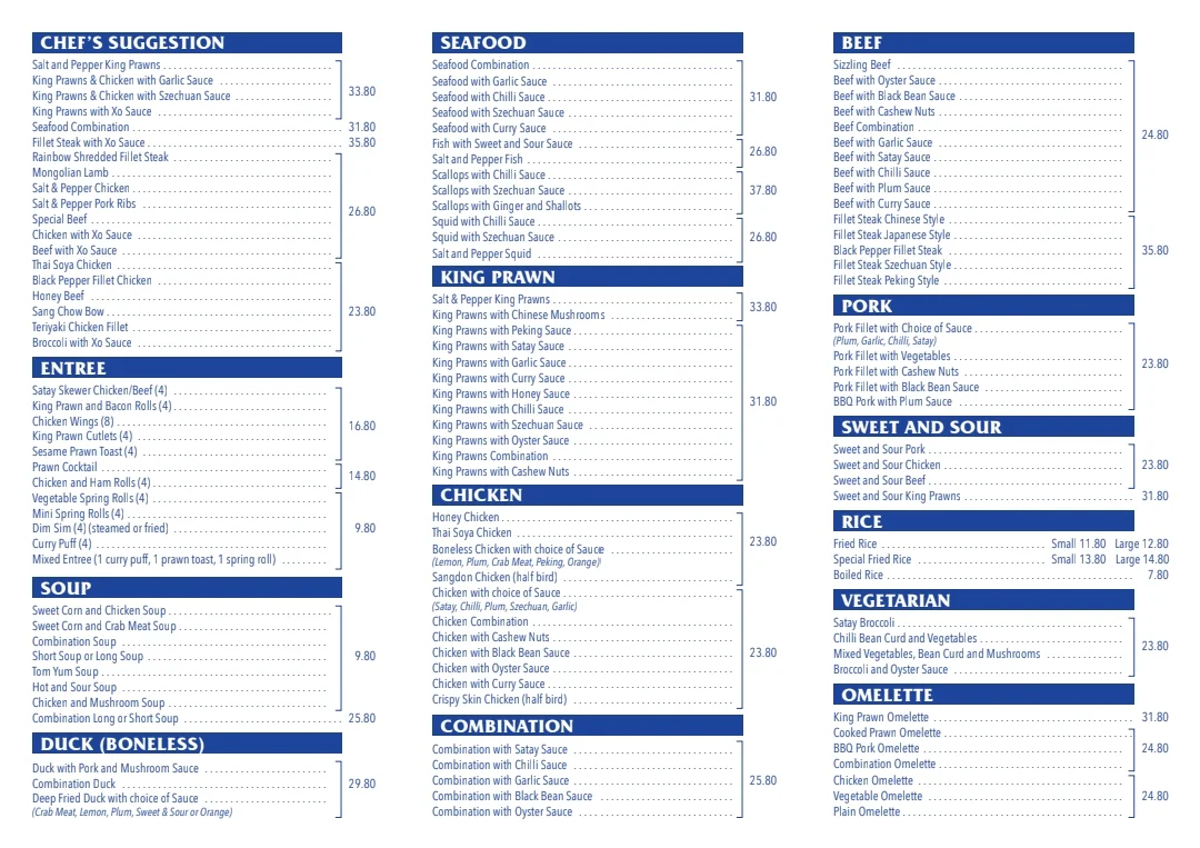Menu, New Golden Lake
