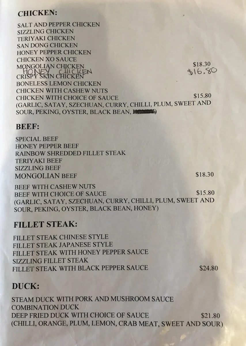 Menu, New Golden Lake