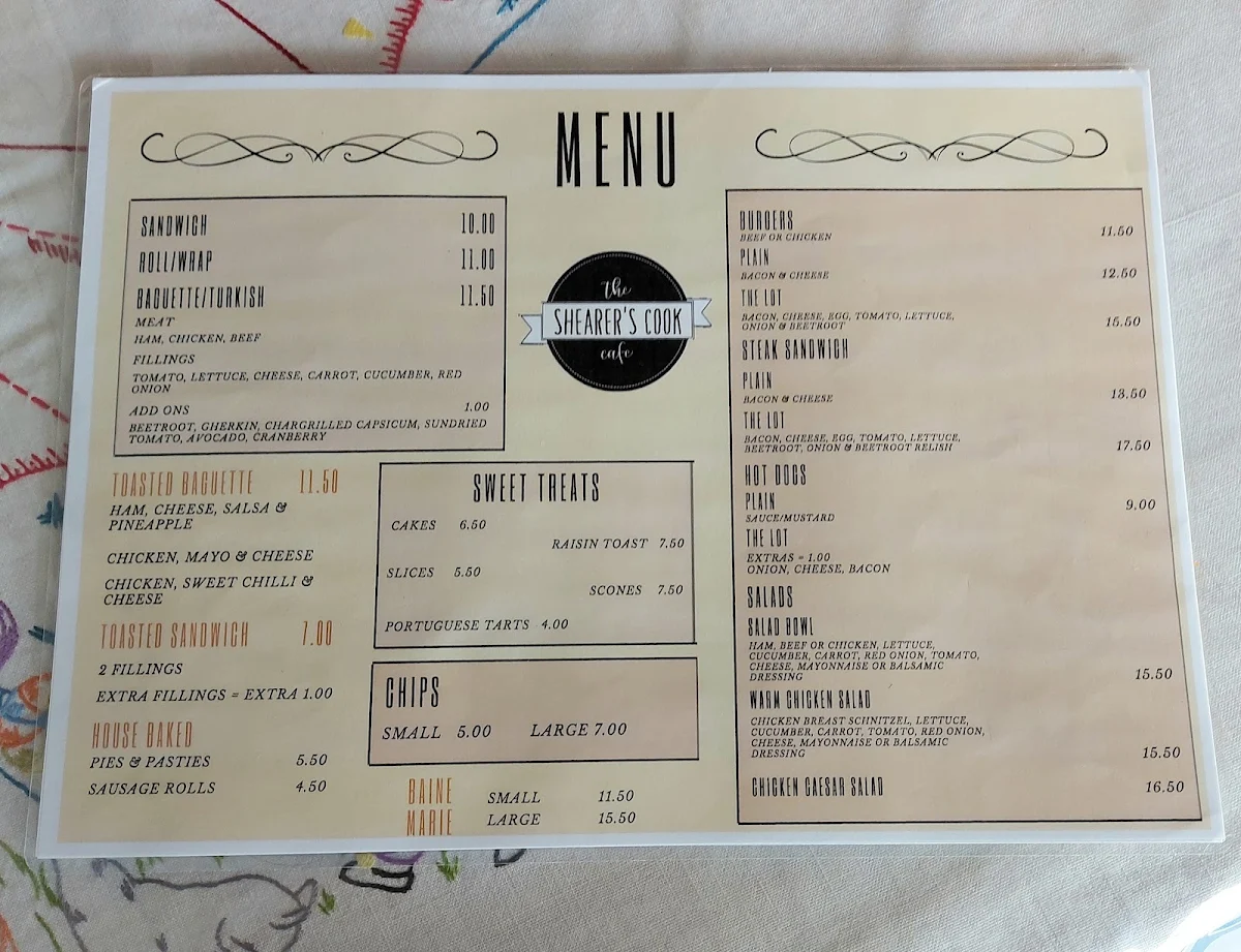 Menu, The Shearer's Cook Cafe