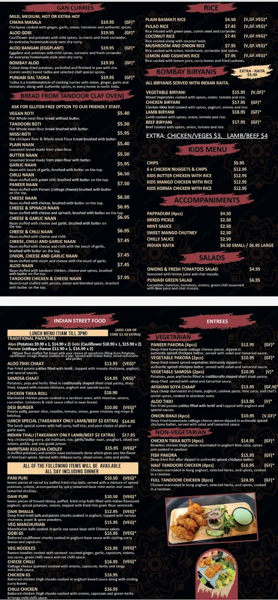 Menu, Jashan Junction Indian Restaurant