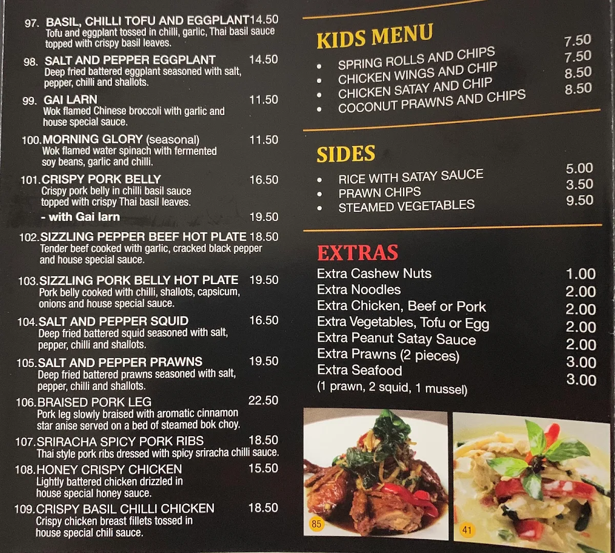 Menu, Village Thai