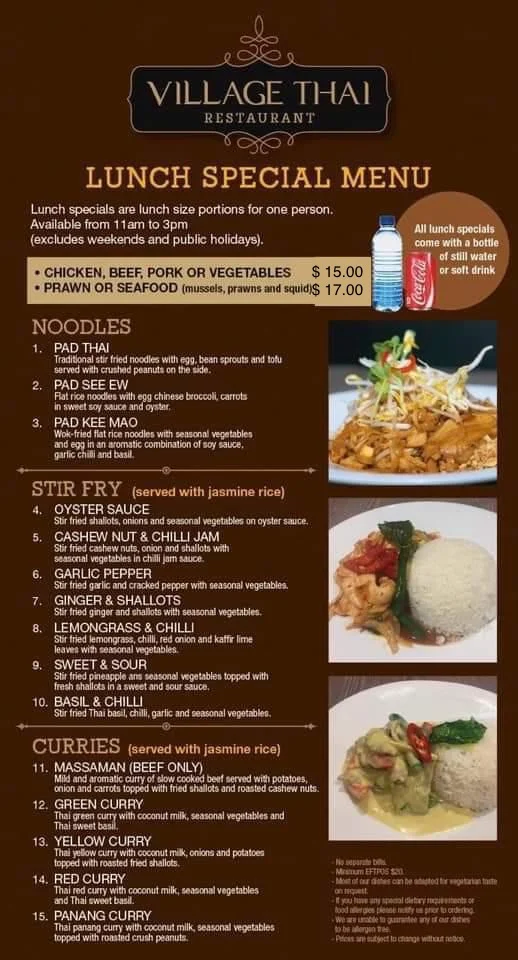 Menu, Village Thai