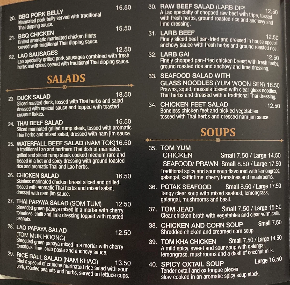Menu, Village Thai