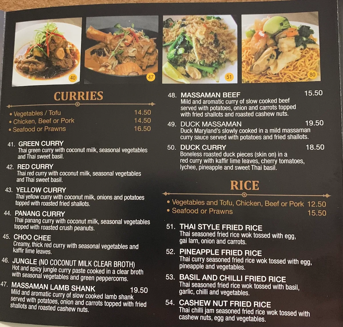 Menu, Village Thai