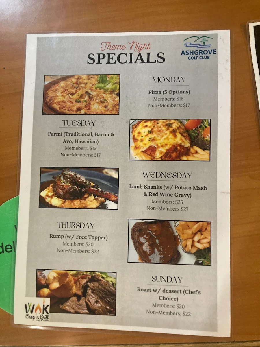 Menu, Wok chop and grill