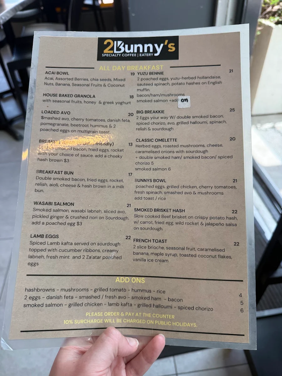 Menu, 2 Bunny's Cafe Epping